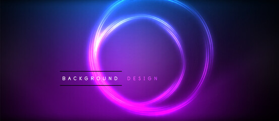 Neon glowing circle rays, light round lines in the dark, planet style neon wave lines. Energetic electric concept design for wallpaper, banner, background