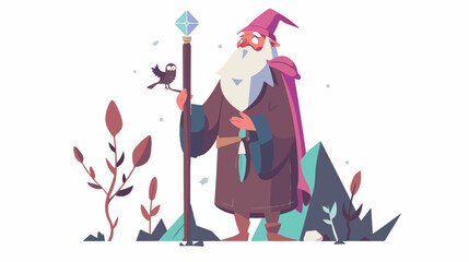 Old wizard stand with witchery cane and owl vector 