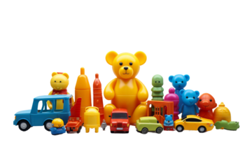 A Parade of Teddy Bears on a White or Clear Surface PNG Transparent Background.