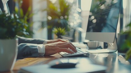 Diligent professional working on laptop computer in bright, modern office environment