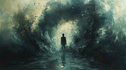 A painting of a person emerging from shadows, representing personal transformation. photo