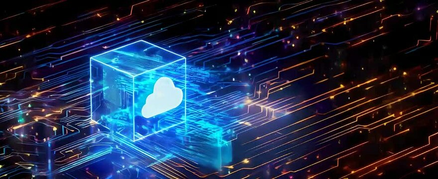 A digital animation of a glowing digital blue cube with a cloud icon on a circuit board patterns background