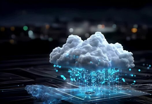 A 3D rendering of a cloud and binary code data on a blurred background
