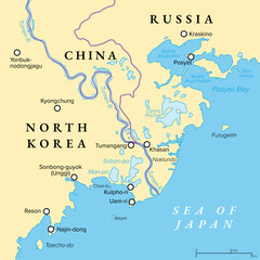 Tumen river flowing on Noktundo into Sea of Japan, political map. Tripoint in the Tumen river, where borders of China, North Korea and Russia intersect near Khasan, on disputed former island Noktundo.
