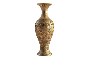 Front view of ornate brass vase isolated on white background
