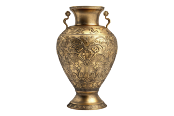 Front view of ornate brass vase isolated on white background