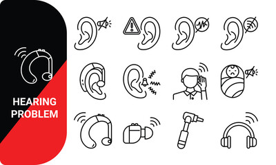 Disabilities hearing problems, Hearing aid line icon set. Hearing problem vector collection