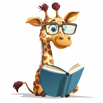 recommend clip art: Illustration of a cute giraffe character reading an open book. Reading, literature, library, knowledge.