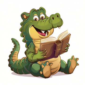 recommend clip art: Illustration of a cute little crocodile reading an open book. Reading, literature, library, knowledge.