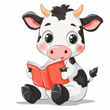 recommend clip art: Illustration of a cute little cow reading an open book. Reading, literature, library, knowledge.