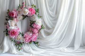 Maternity backdrop, wedding backdrop, photography background with delicate flowers and white satin drapes.