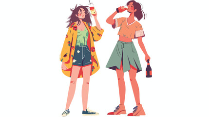 Obraz na płótnie Canvas Pair of drunk girls dressed in messy clothes. 