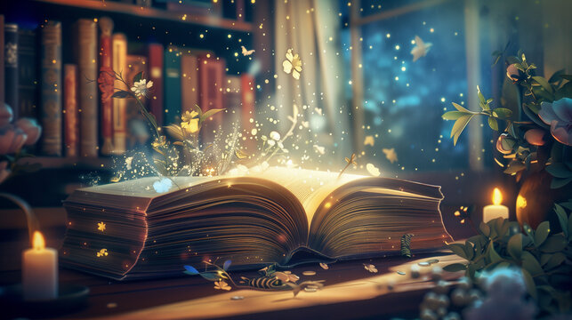 A magical book opening to reveal a fantastical world inside. Reading, literature, library, world of dreams and fantasy.