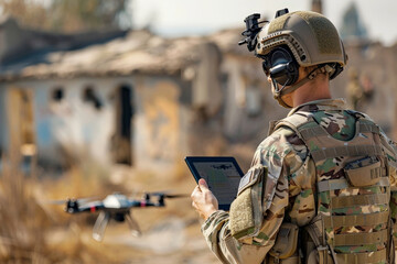 A soldier hold tablet in the field, operating drones. . A drone controller and camera visuals on a smartphone. Generative AI