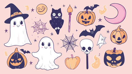 Cute Halloween Four. Funny pumpkin kawaii ghost bat