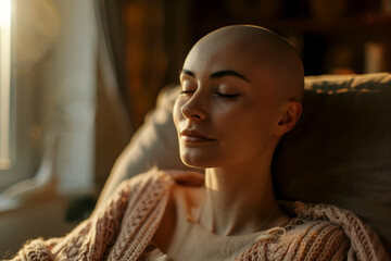 young bald woman suffering of cancer from alopecia following chemotherapy treatment .ai generative