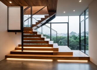 a staircase leading to a second floor with a view of the outdoors