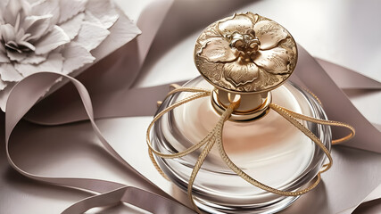Timeless Luxury, Elegantly Designed Perfume Bottle with Gold-Plated Cap and Delicate Floral Engravings,