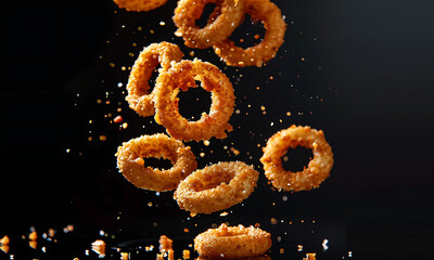 fried onion rings falling against a solid black background with studio lighting