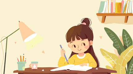 Cute little girl doing homework at table near light
