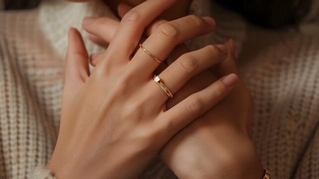 Close-up of female hands showing her golden rings. Horizontal mock-up.
