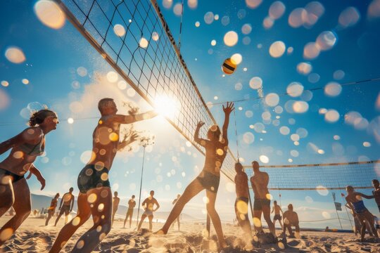 Summer Beach Volleyball Game in Full Swing at Sunset