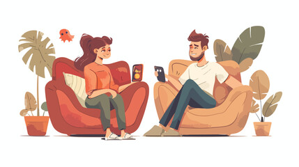 Cute male and female cartoon characters sitting 