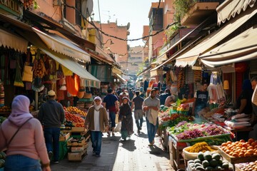 Bustling Market Street in Exotic Locale with Local Shoppers and Colorful Produce Stalls