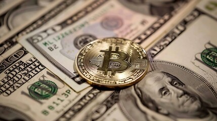 Close-up of several gold bitcoins on a bed of us dollar bills