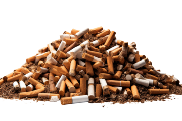 Smoldering Vices: A Mound of Cigarettes Atop a Bed of Earth on a White or Clear Surface PNG Transparent Background.