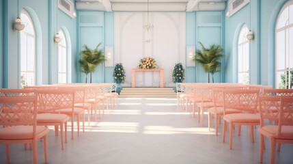 Beautifully decorated wedding venue with peach chairs, elegant floral arrangements, and large windows letting in natural light.