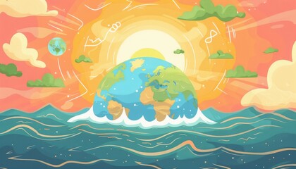 Naklejka premium Colorful illustration of the Earth rising from ocean waves against a vibrant sunset sky with clouds, ideal for environmental themes.