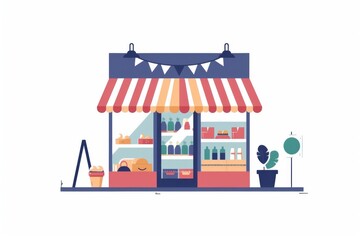 Illustration of a charming small storefront with striped awning, plants, and various items for sale displayed in the window.