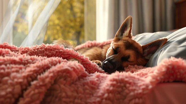 Sweet dog peacefully napping on a fluffy blanket in a cozy bedroom.
Seamless looping 4k time-lapse virtual video animation background. Generated AI