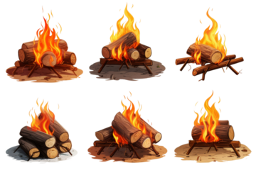 Dancing Flames: A Fiery Symphony of Logs on a White or Clear Surface PNG Transparent Background.