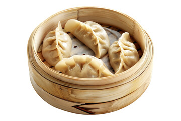 Savoring Jiaozi dumplings isolated on white background