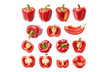 Set of fresh whole and sliced red bell pepper isolated on white background