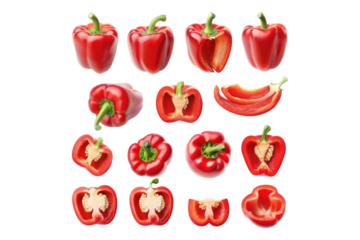 Set of fresh whole and sliced red bell pepper isolated on white background