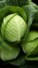 Fototapeta premium fresh cabbage adorned with glistening raindrops of water background poster 