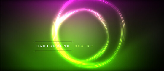 Neon glowing circle rays, light round lines in the dark, planet style neon wave lines. Energetic electric concept design for wallpaper, banner, background