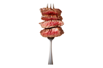 Slice of beef steak on a fork isolated on white background