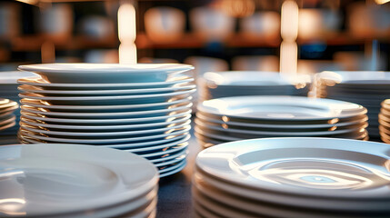 Closeup clean plates stack on a table ready for use