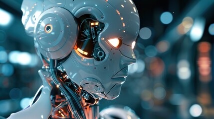 Fototapeta premium 3D rendering of droid robot AI research. and cyborg development for people's future Digital data mining design