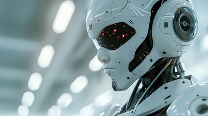 3D rendering of droid robot AI research. and cyborg development for people's future Digital data mining design