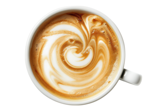 top view of coffee cappuccino spiral milk isolated on white background