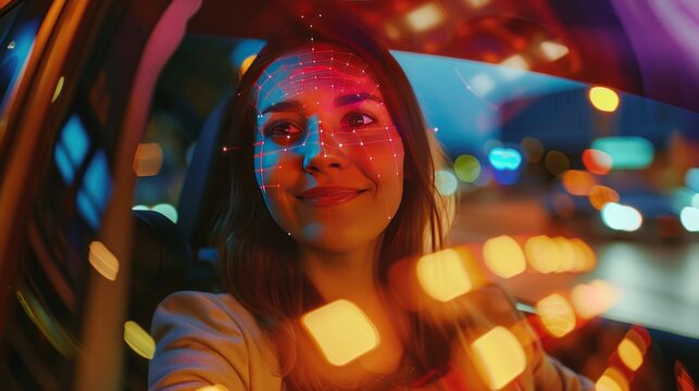 A young woman sits in a car looking outside as technology scans her face.