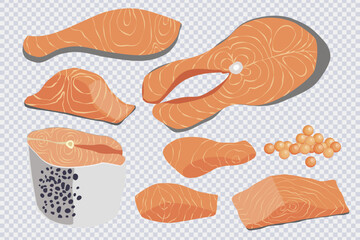 Pieces of red fish. Red fish steak, salmon fillet, caviar in flat style isolated on transparent. Fresh organic seafood for restaurant, sushi bar menu. Healthy and tasty food ideas. Vector illustration