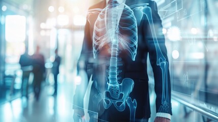 Businessman on blurred background using digital x-ray human body scan, 3D rendering interface