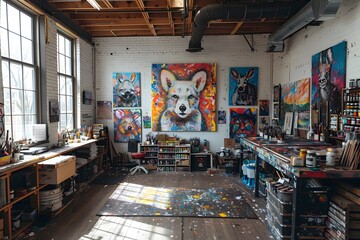 Vibrant Abstract Animal Painting in a Colorful Studio Flooded with Light