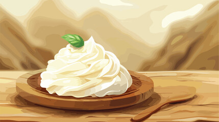 Plate with natural cream on wooden board closeup 